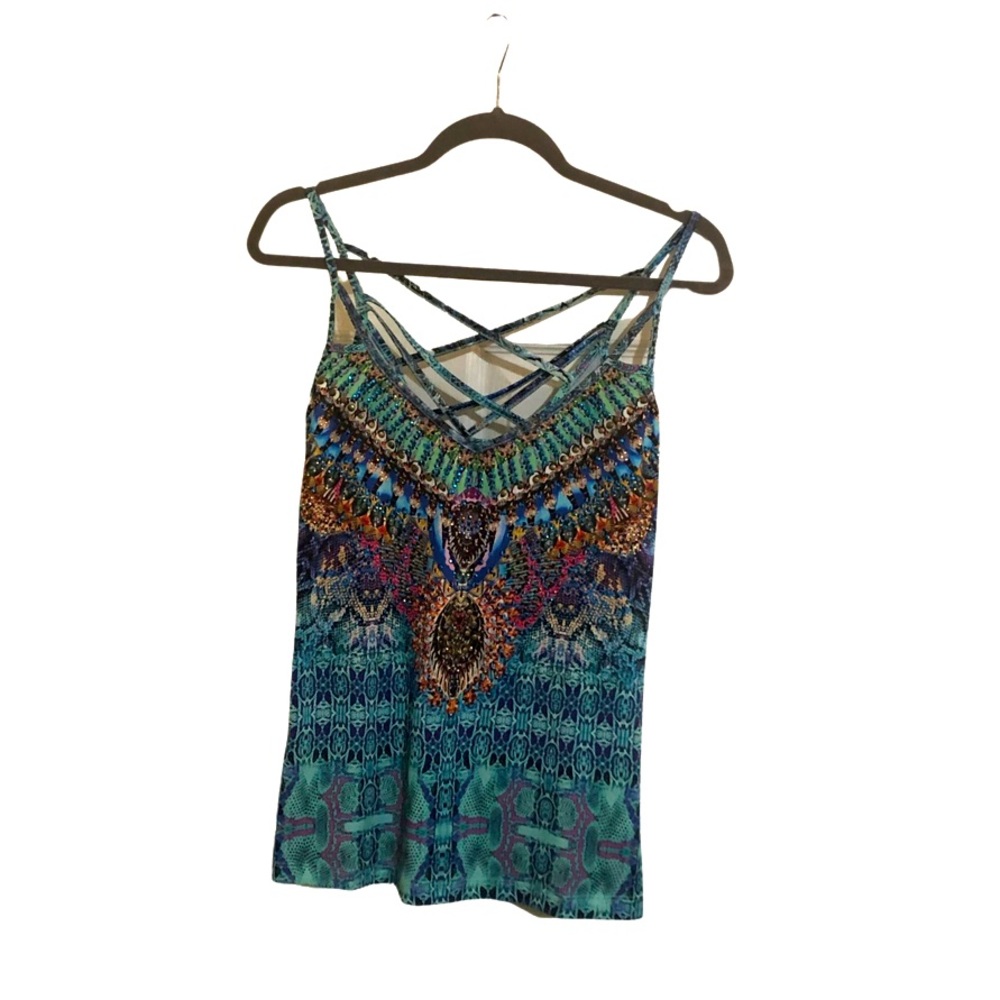 Venus brand size Medium multi-colored beaded criss-cross tank top.